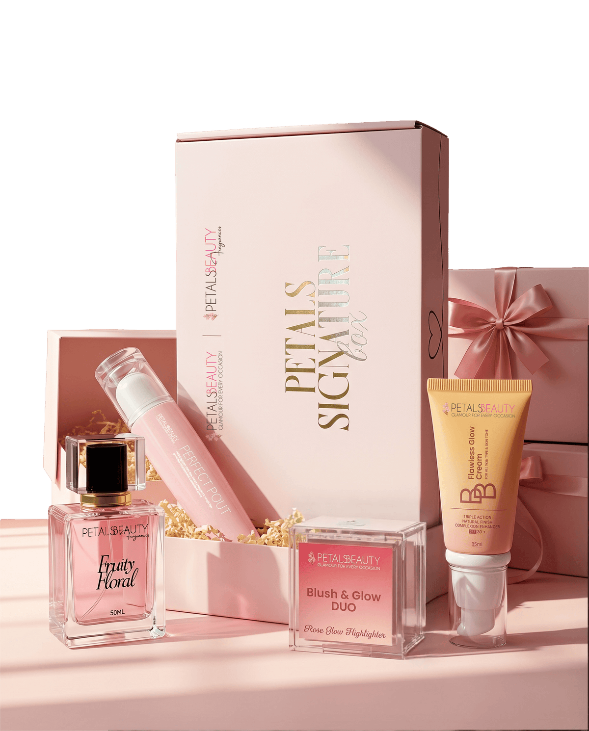Wedding guest makeup essentials from Petals Beauty: BB cream, Blush & Glow duo, lip gloss and fragrance