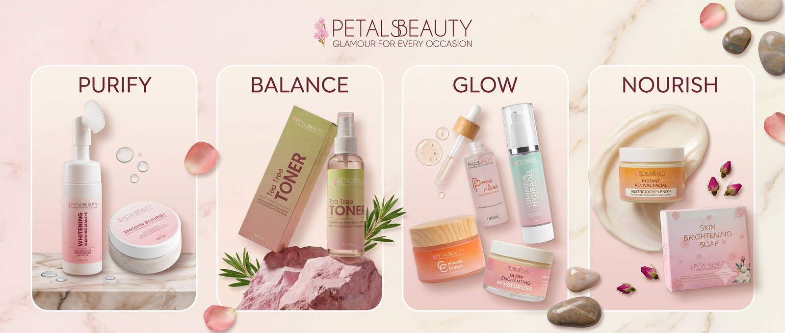 Best skincare products in Pakistan 2026 — pharmacist-recommended cleanser, serum and moisturiser from The Petals Beauty