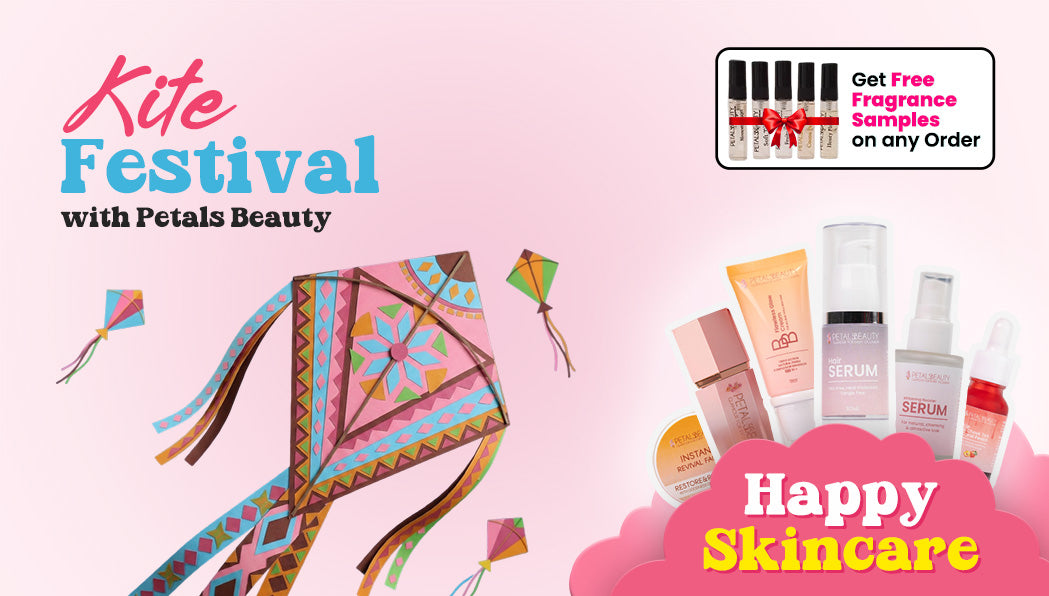 Promotional banner for Kite Festival with Petals Beauty, featuring skincare products and a colorful kite on a pink background.