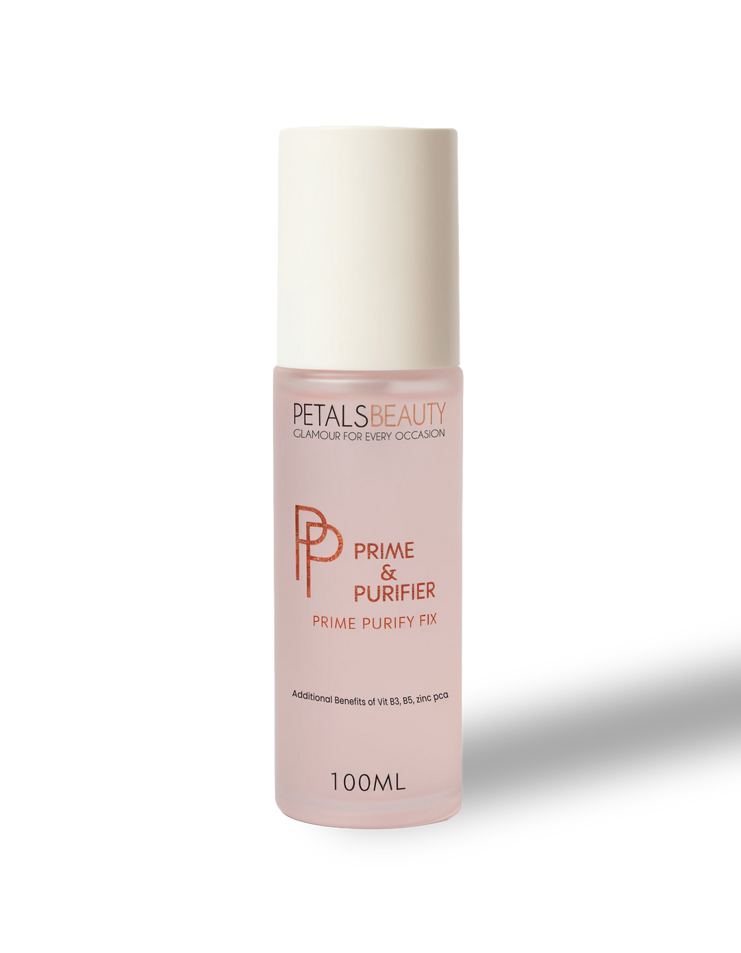 Skincare bottle labeled 'Prime & Purifier' by Petals Beauty on a white background