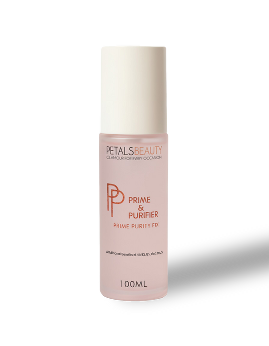 Skincare bottle labeled 'Prime & Purifier' by Petals Beauty on a white background