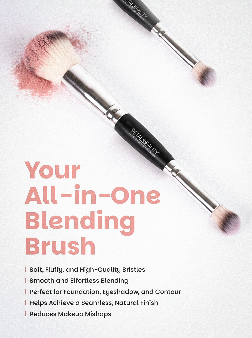 Petals Beauty multi purpose makeup brush showing soft bristles and handle