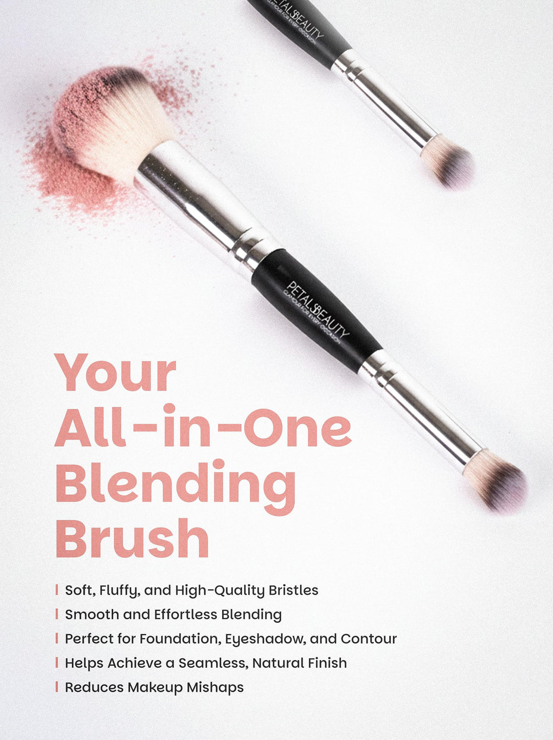 Petals Beauty multi purpose makeup brush showing soft bristles and handle