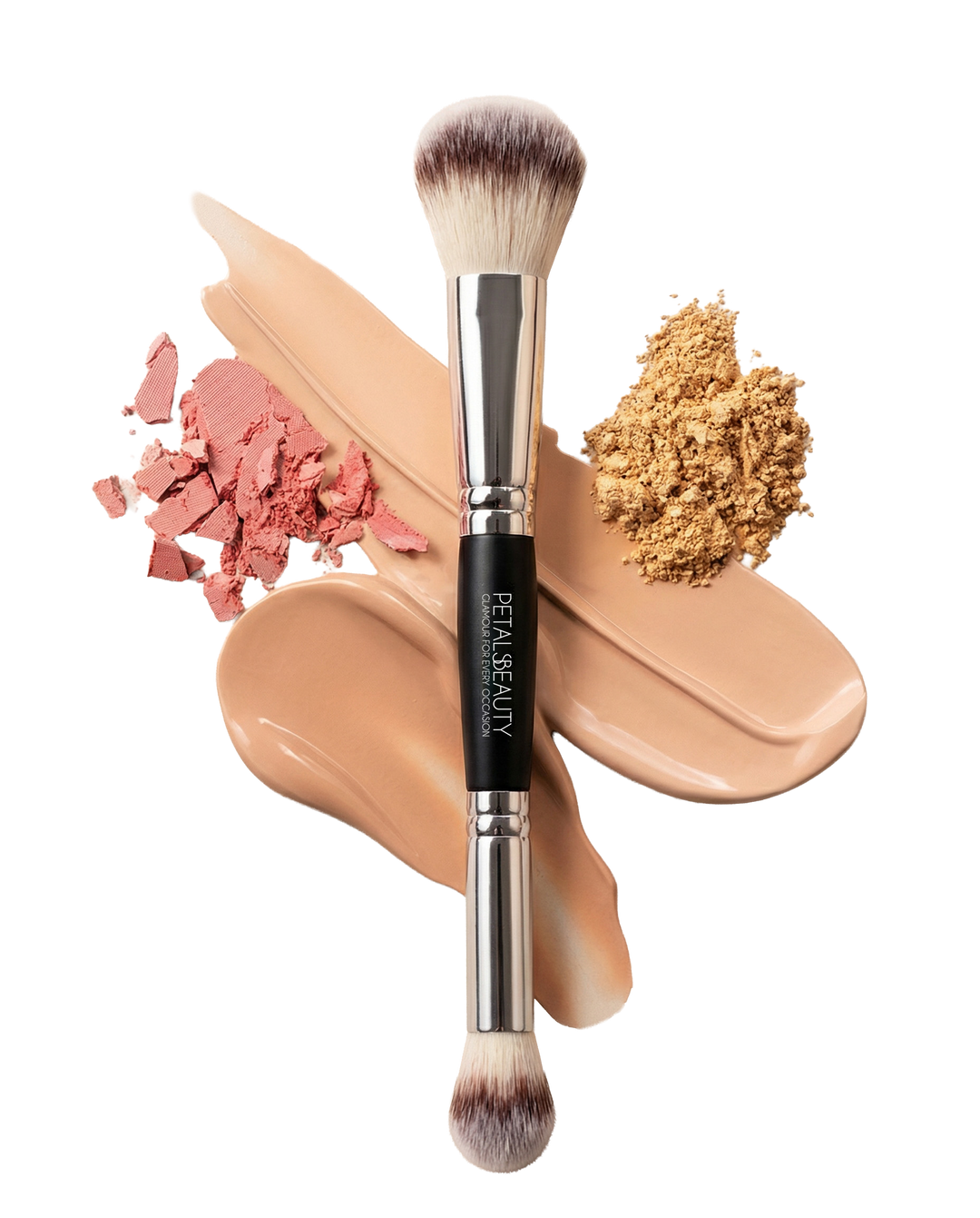 Multipurpose makeup brush with fluffy blending end and precision contour end