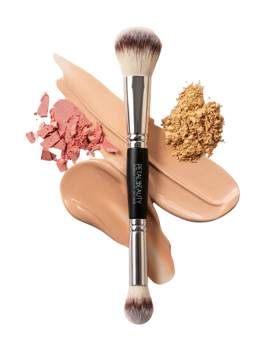 Multipurpose makeup brush with fluffy blending end and precision contour end