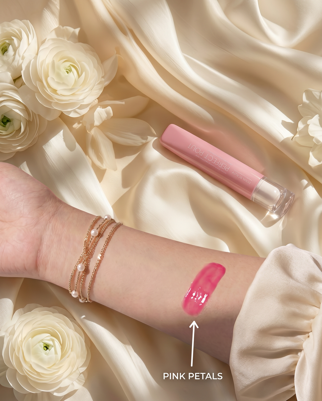 Pink Petals lip gloss applied for a natural pink glossy pout