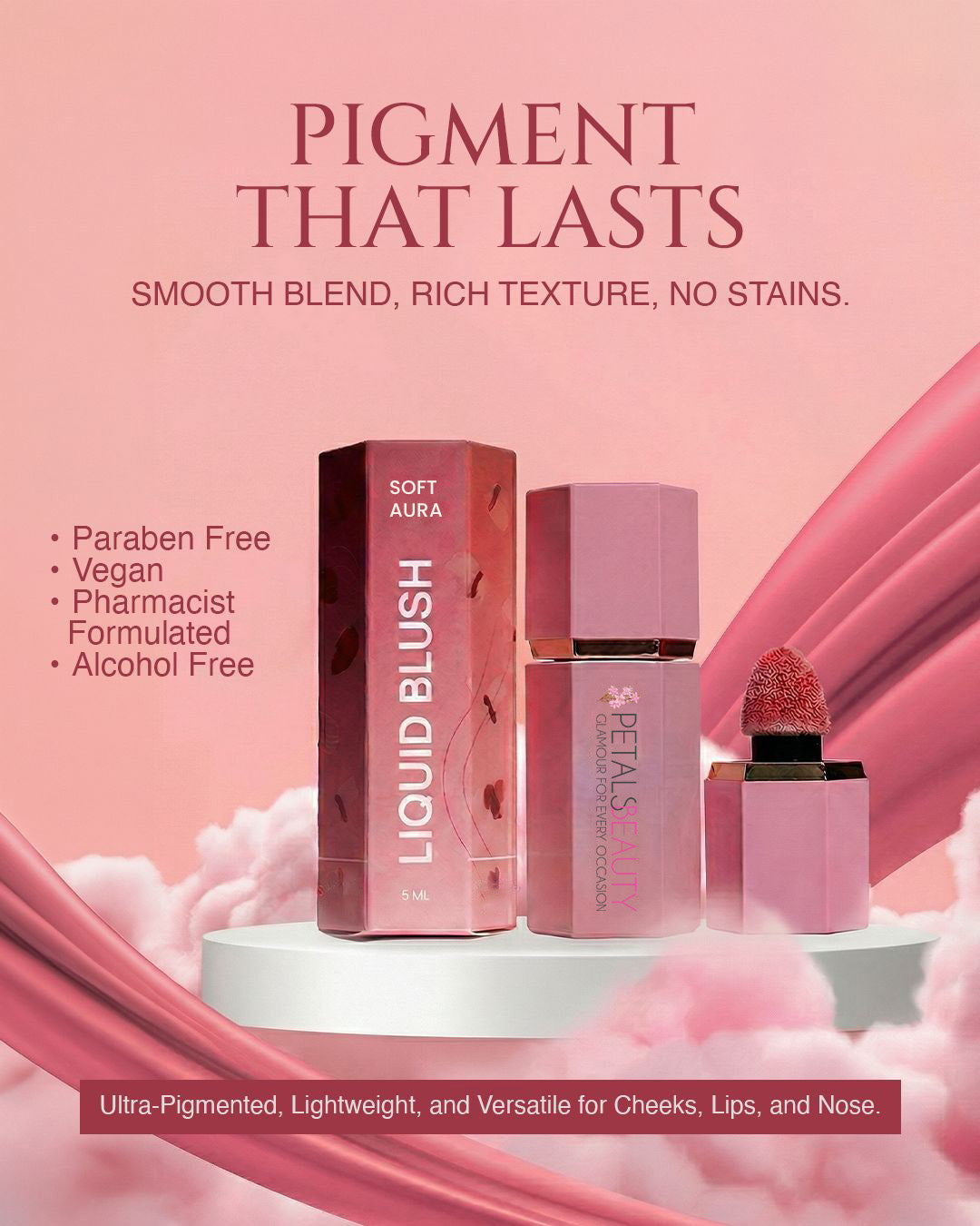 Soft Aura liquid blush features: 5ml, buildable, lightweight, for cheeks lips and eyes