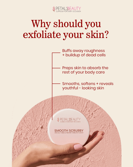 Promotional graphic for Petal Beauty Smooth Scrubby exfoliating body scrub. The design features a hand holding the round, pale pink jar against a textured pink background, with text explaining the benefits of exfoliating skin.