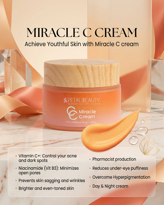 Petal Beauty Miracle C Cream with packaging and text highlighting benefits on a light background