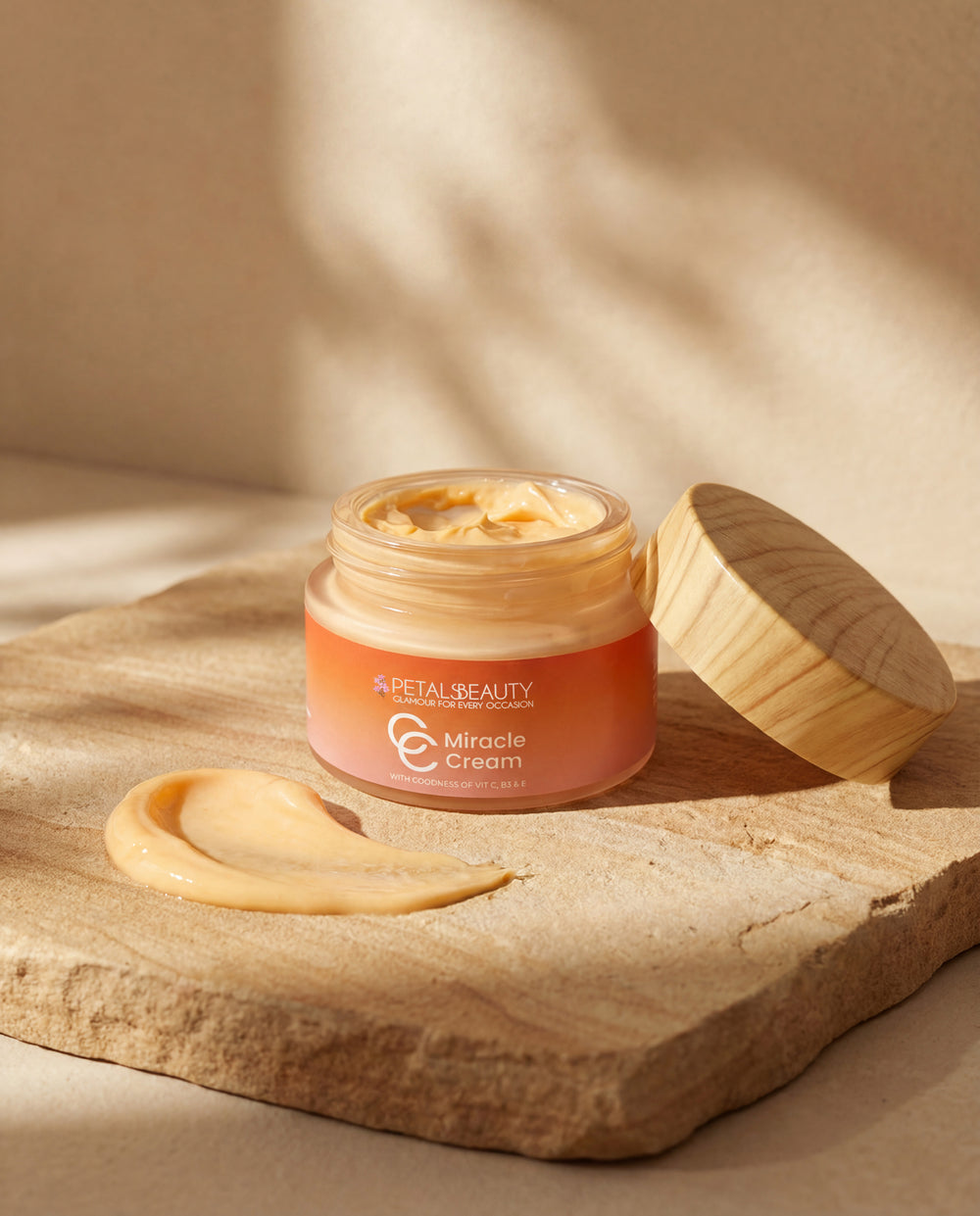 Jar of Petal Beauty Miracle Cream on a wooden surface with a soft background