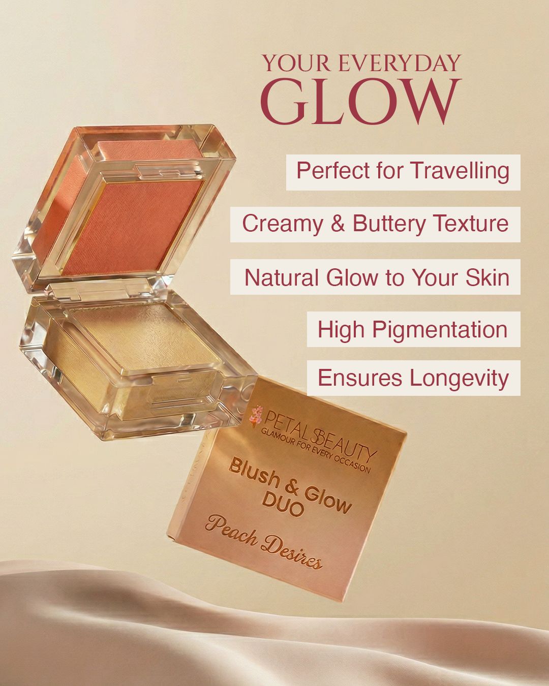 Peach Desires blush and glow duo compact closed, showing Petals Beauty branding on the lid