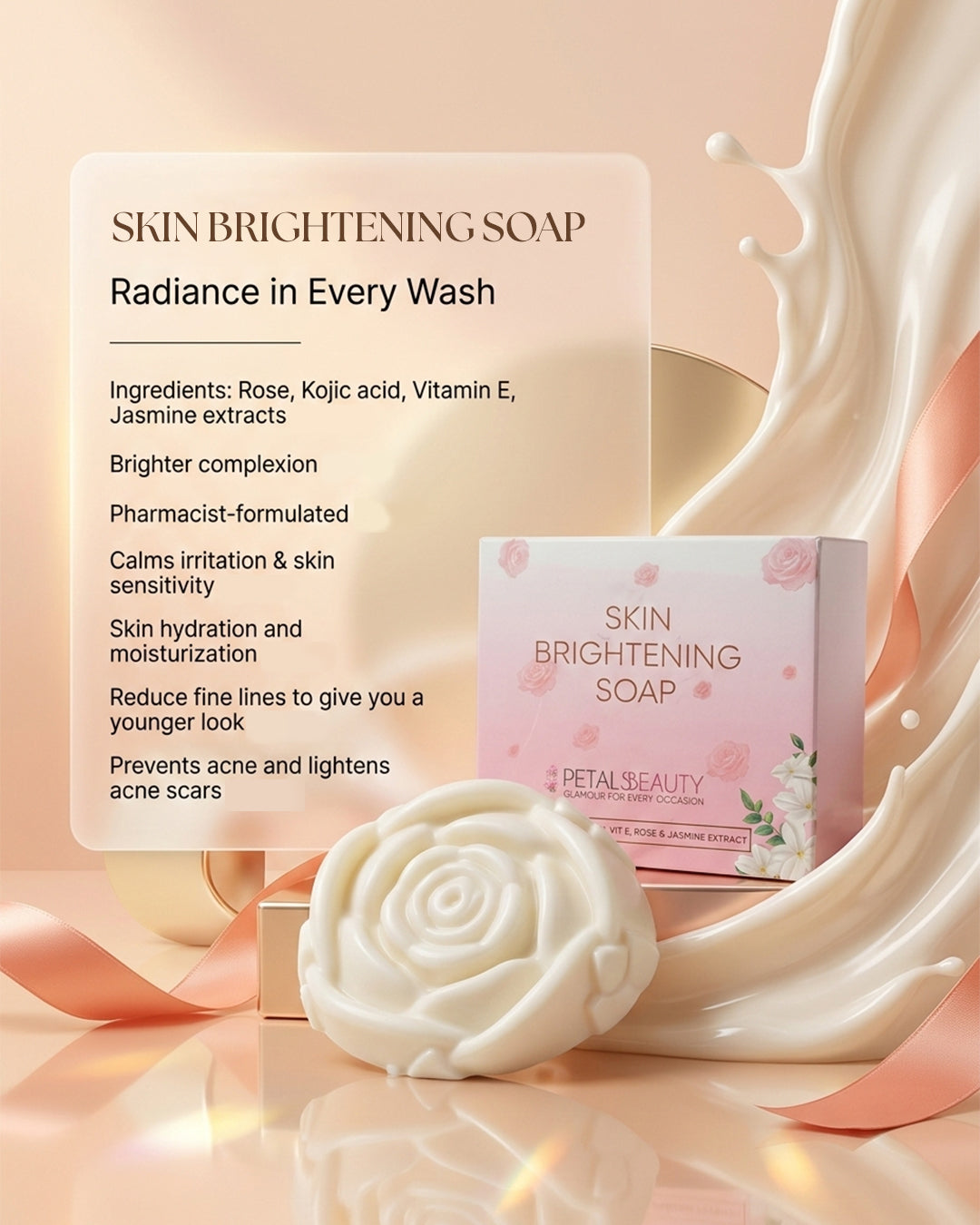 Skin brightening soap with packaging and product details on a soft pink background