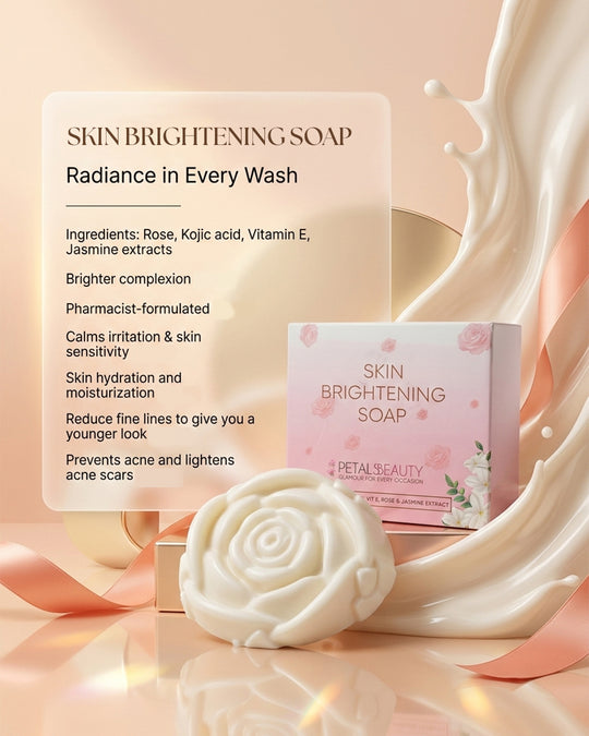 Skin brightening soap with packaging and product details on a soft pink background