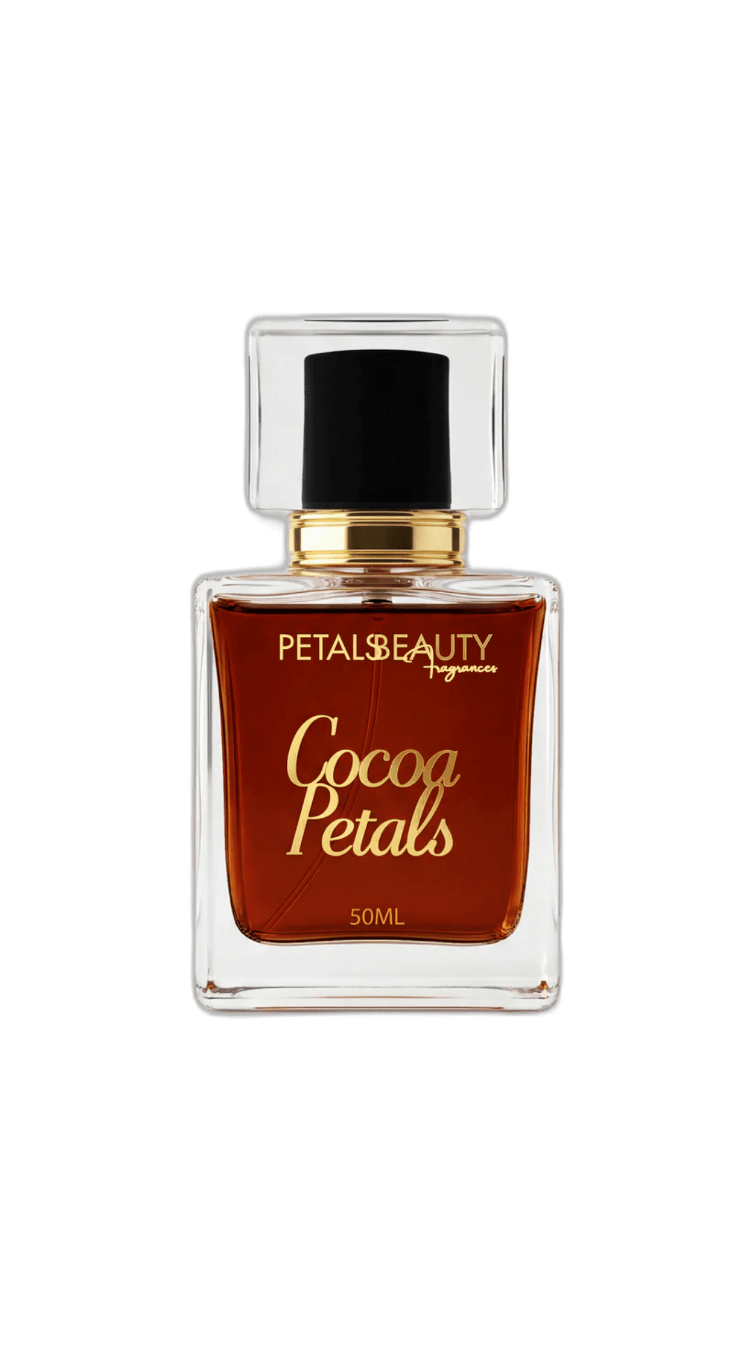 Cocoa Petals perfume bottle styled on a soft background