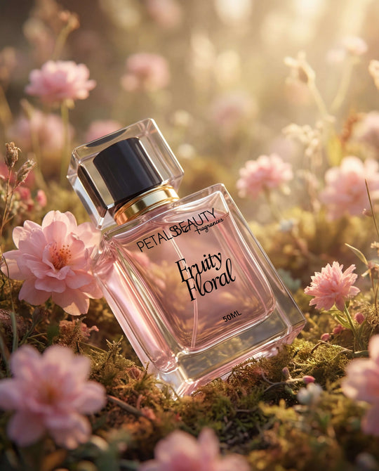 Fruity Floral perfume bottle styled on a soft background
