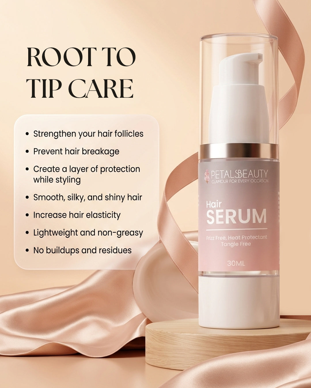 Petal Beauty hair serum bottle with features listed on a beige background