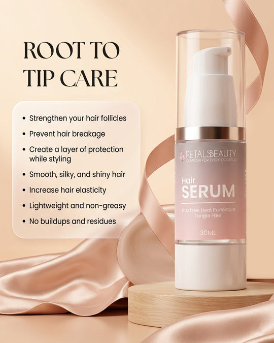 Petal Beauty hair serum bottle with features listed on a beige background
