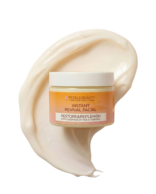 A jar of Petals Beauty Instant Revival Facial Restore & Replenish cream, set against a stylized swirl of the off-white facial cream itself on a clean white background.