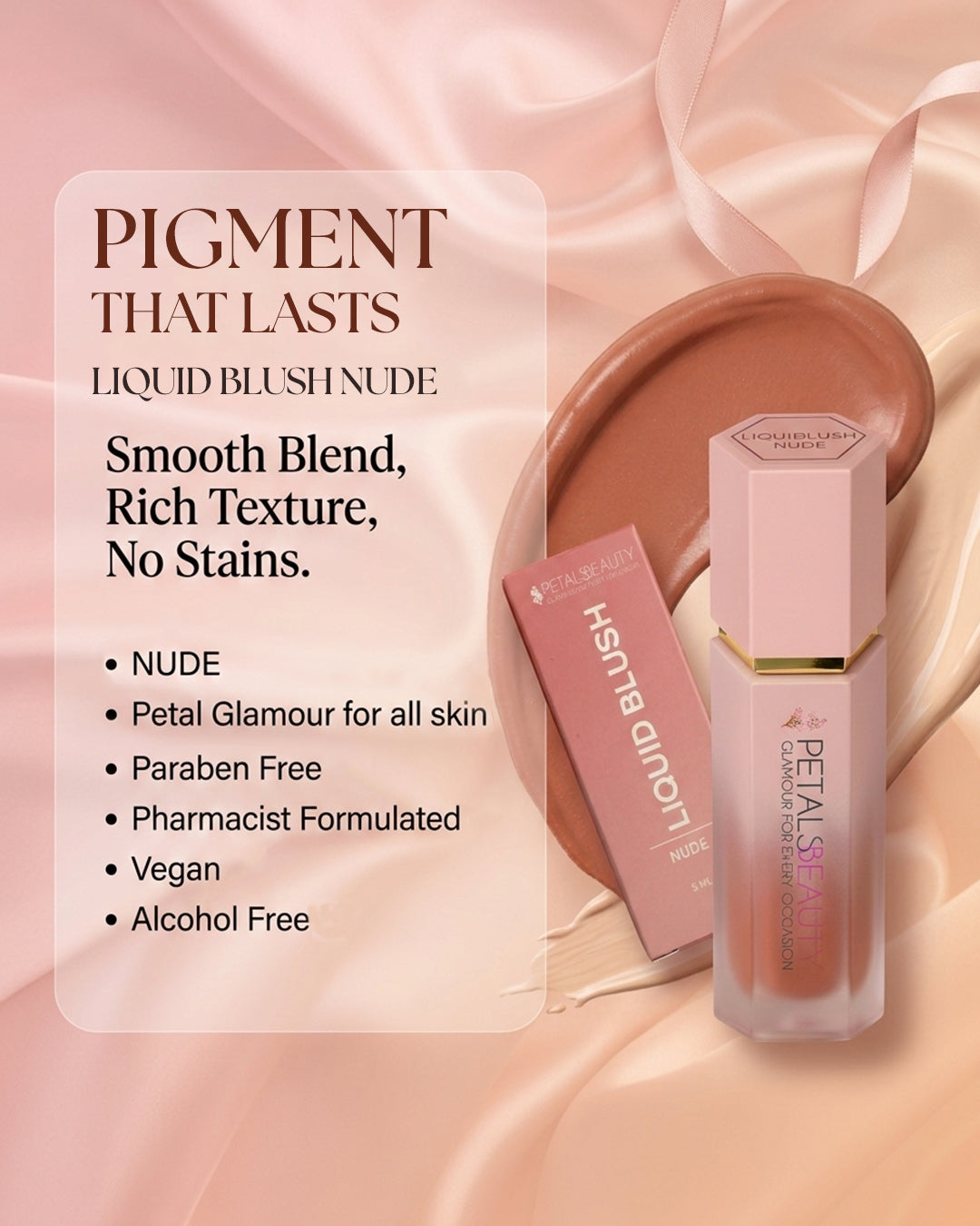 Nude liquid blush benefits: 5ml, lightweight, buildable, for cheeks, lips and eyes
