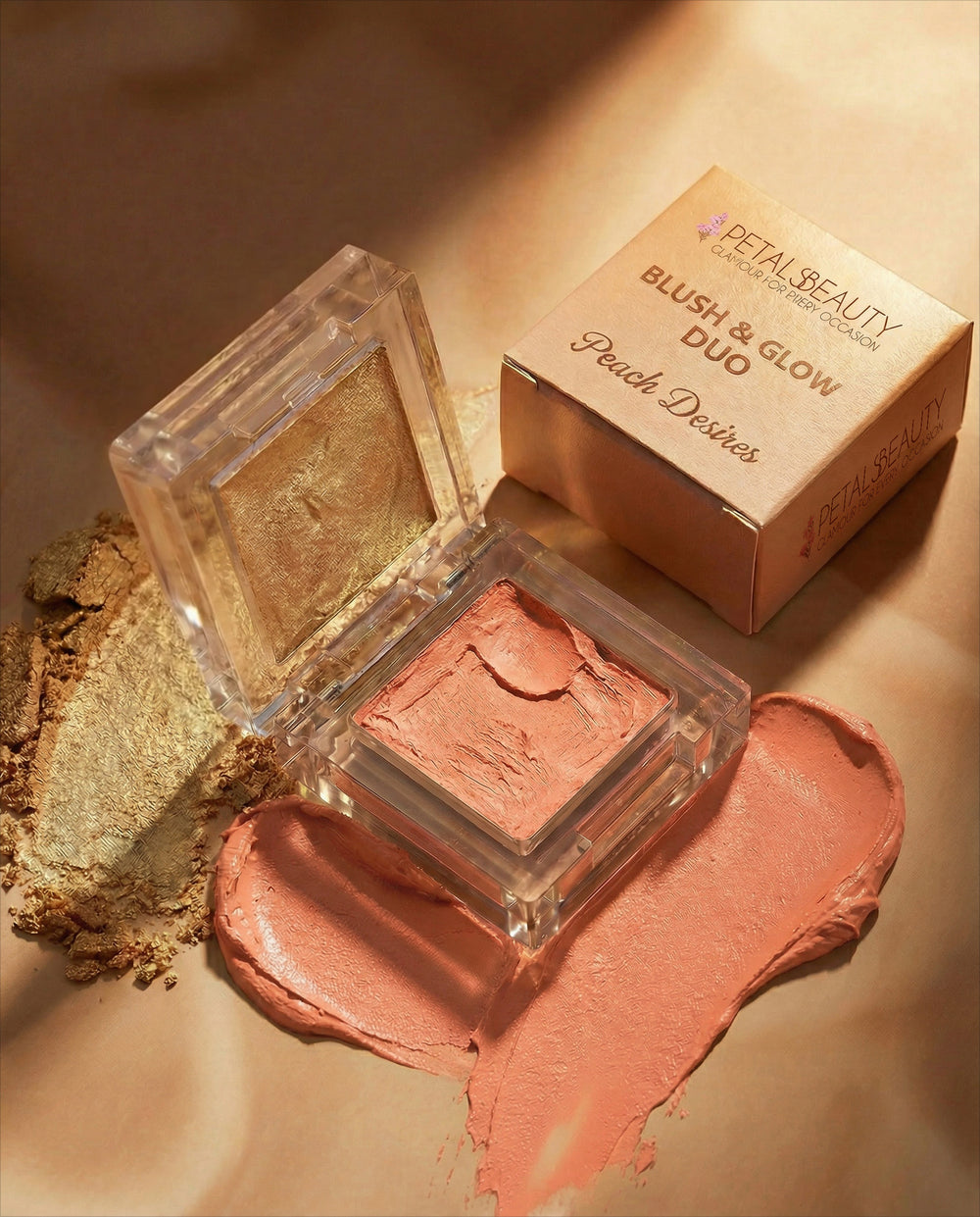 Swatch of Peach Desires cream blush and glow highlighter blended on skin