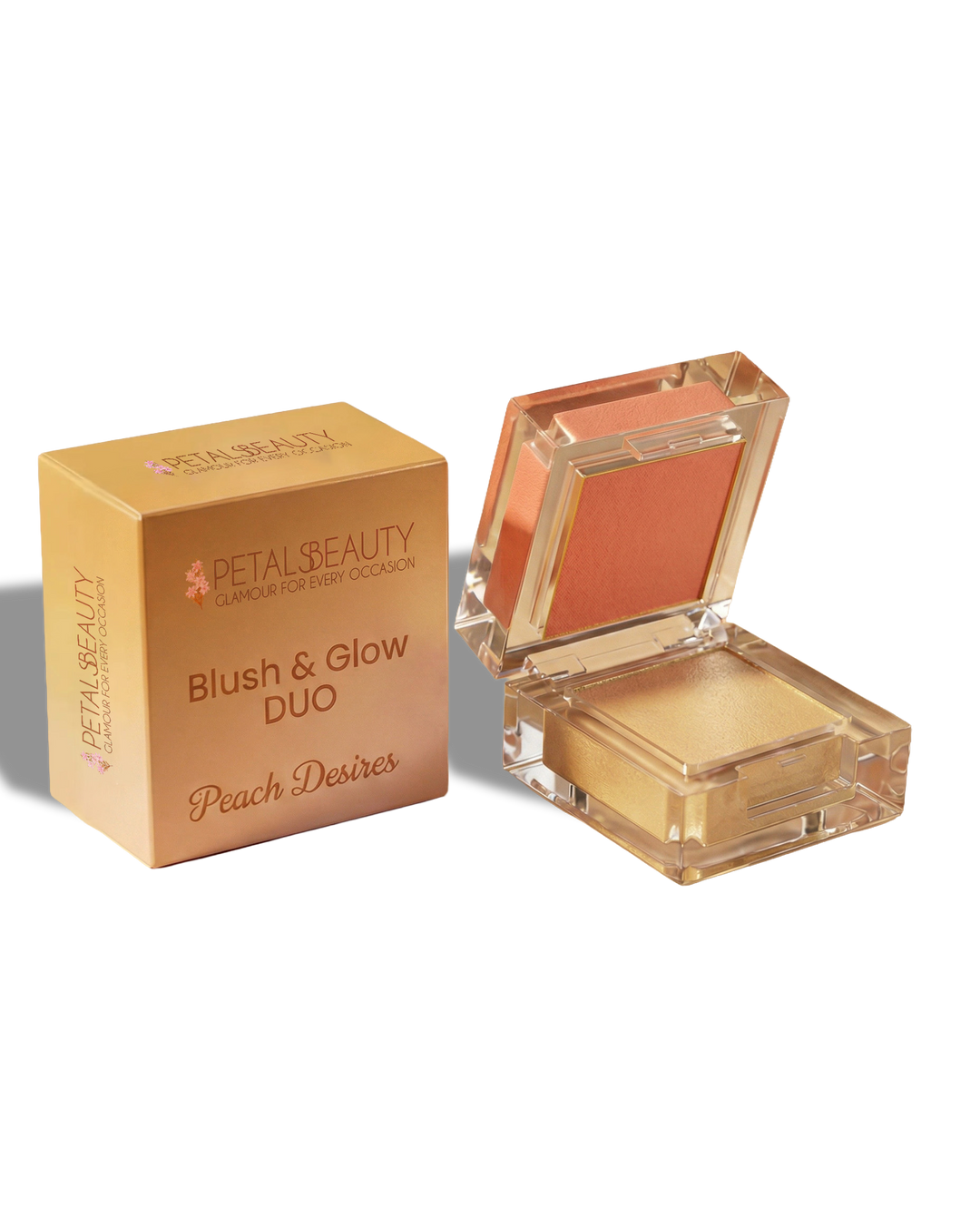 Petals Beauty Blush & Glow Duo in Peach Desires, open compact showing peach cream blush and gold highlighter