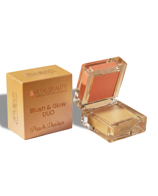 Petals Beauty Blush & Glow Duo in Peach Desires, open compact showing peach cream blush and gold highlighter