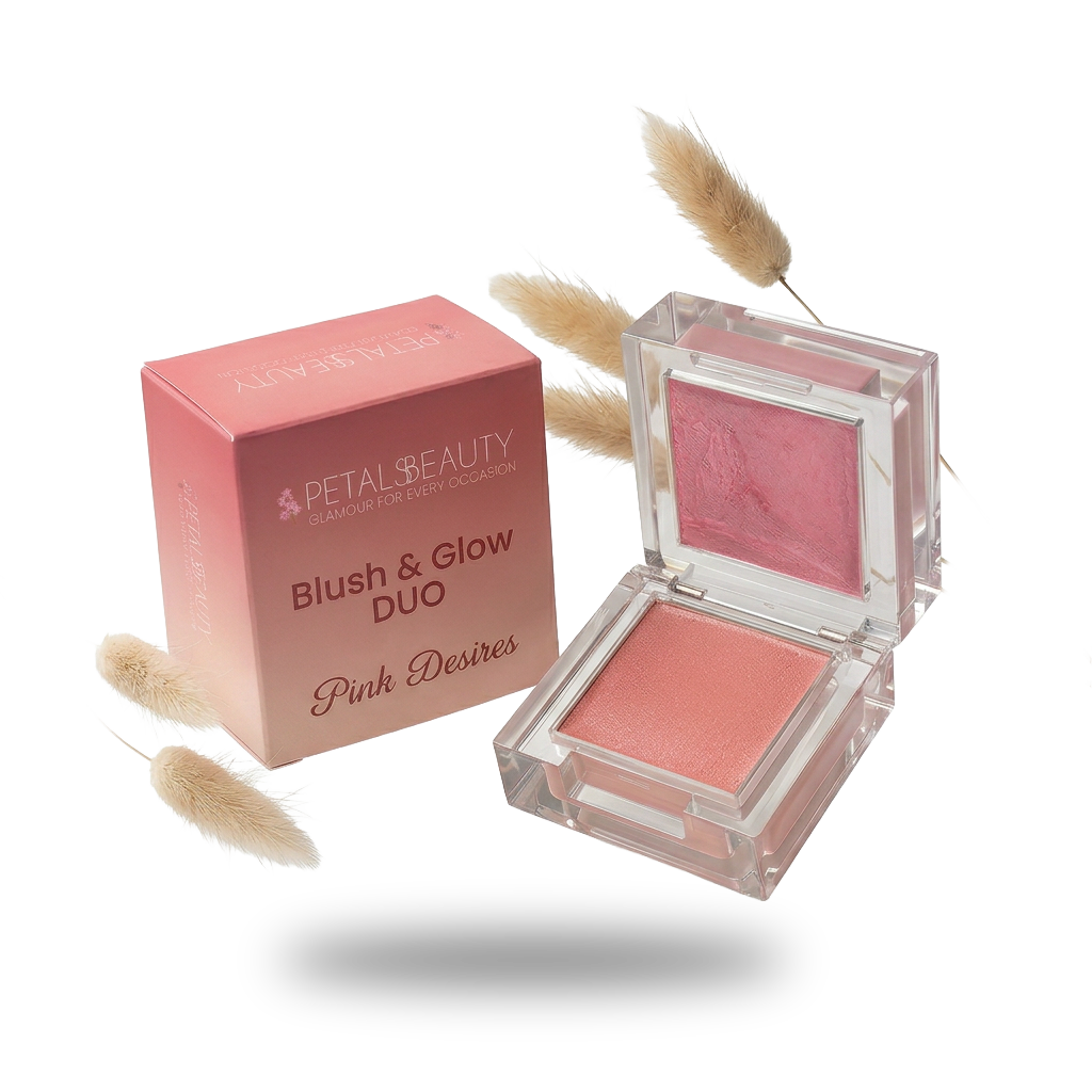 Petals Beauty Blush & Glow Duo compact open, showing pink cream blush and pearl highlighter pans
