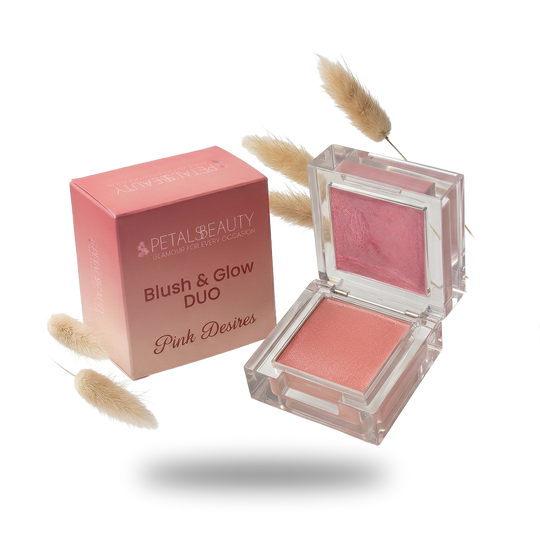 Petals Beauty Blush & Glow Duo compact open, showing pink cream blush and pearl highlighter pans