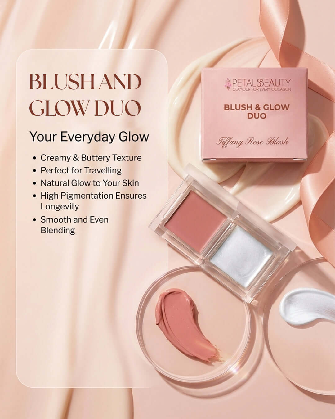 Petal Beauty Blush and Glow Duo makeup set in a soft pink theme, featuring a boxed set, an open compact with two pans (rose pink and silver-white), and a loose swatch of the blush, styled on a draped satin background with text callouts.