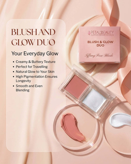 Petal Beauty Blush and Glow Duo makeup set in a soft pink theme, featuring a boxed set, an open compact with two pans (rose pink and silver-white), and a loose swatch of the blush, styled on a draped satin background with text callouts.