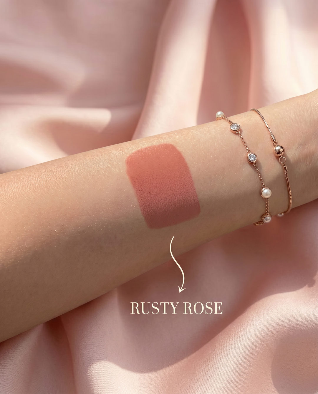 Rusty Rose liquid blush features: 5ml, buildable coverage, lightweight, for cheeks lips and eyes
