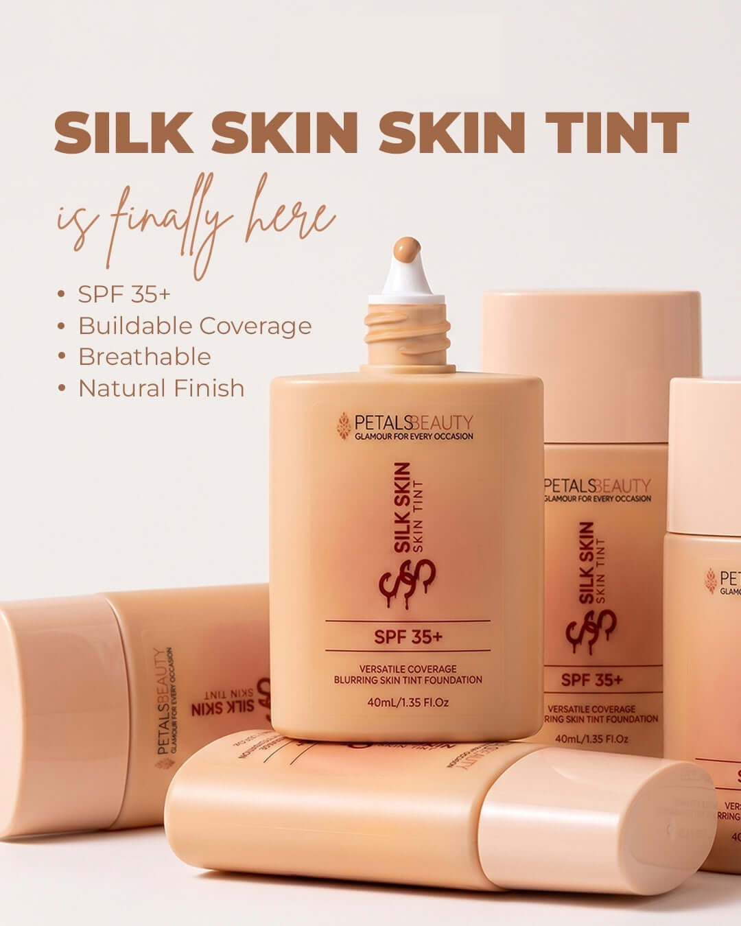 Silk Skin Skin Tint product details: 40ml, four shades, buildable coverage