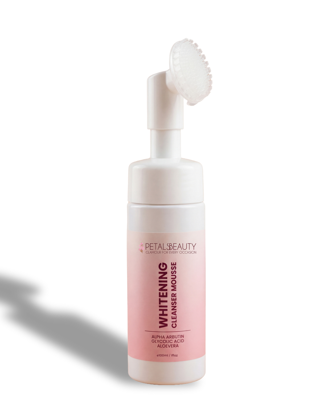 White bottle with pink label featuring 'Petal Beauty Whitening leanser Mousse' on a white background