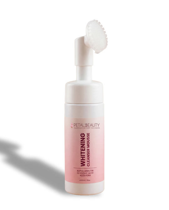 White bottle with pink label featuring 'Petal Beauty Whitening leanser Mousse' on a white background