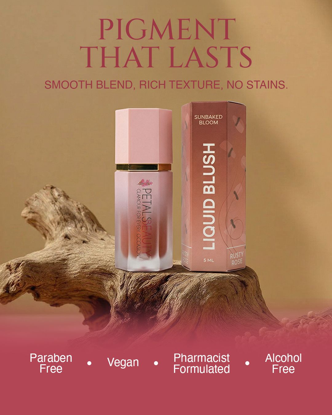 Sunbaked Bloom liquid blush features: 5ml, buildable, lightweight, for cheeks lips and eyes
