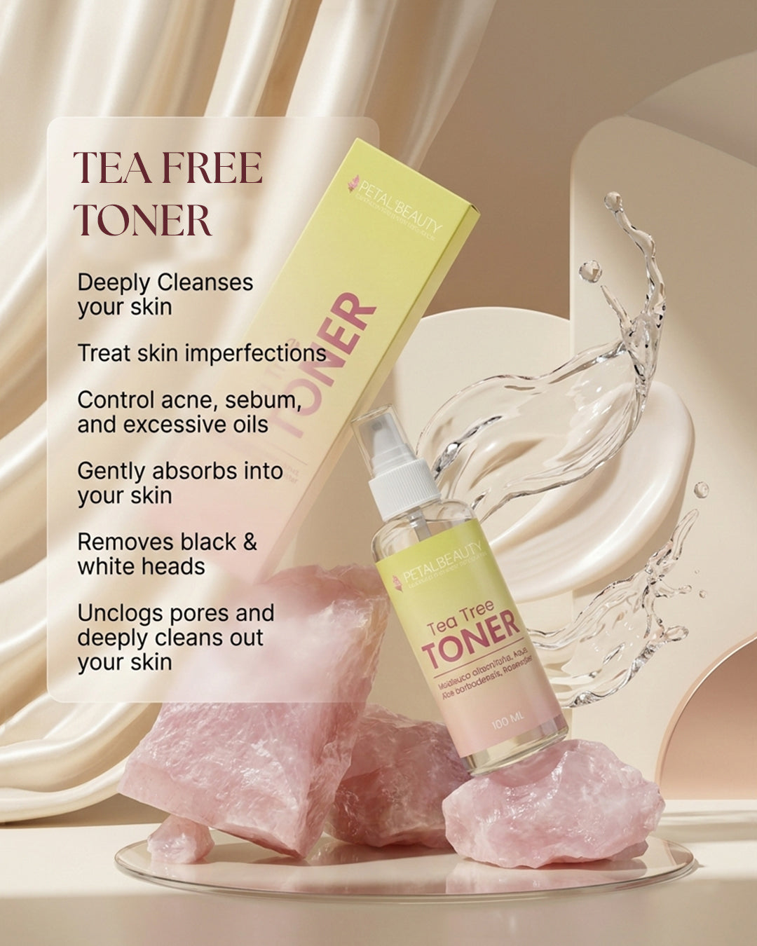 Tea tree toner bottle with packaging on a decorative background